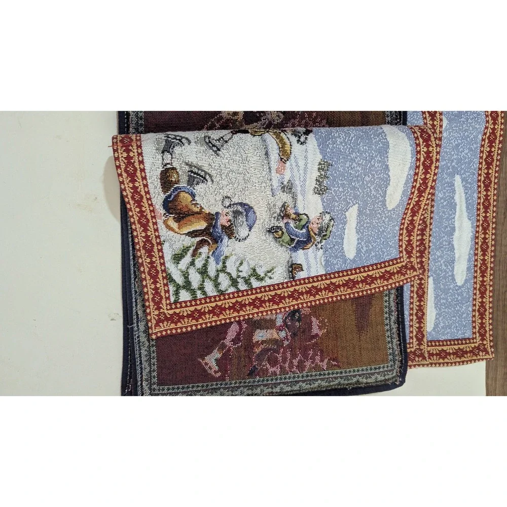 Set of 4 Vintage Winter Ice‎ Skating Woven Tapestry Placemats Red Blue Holiday